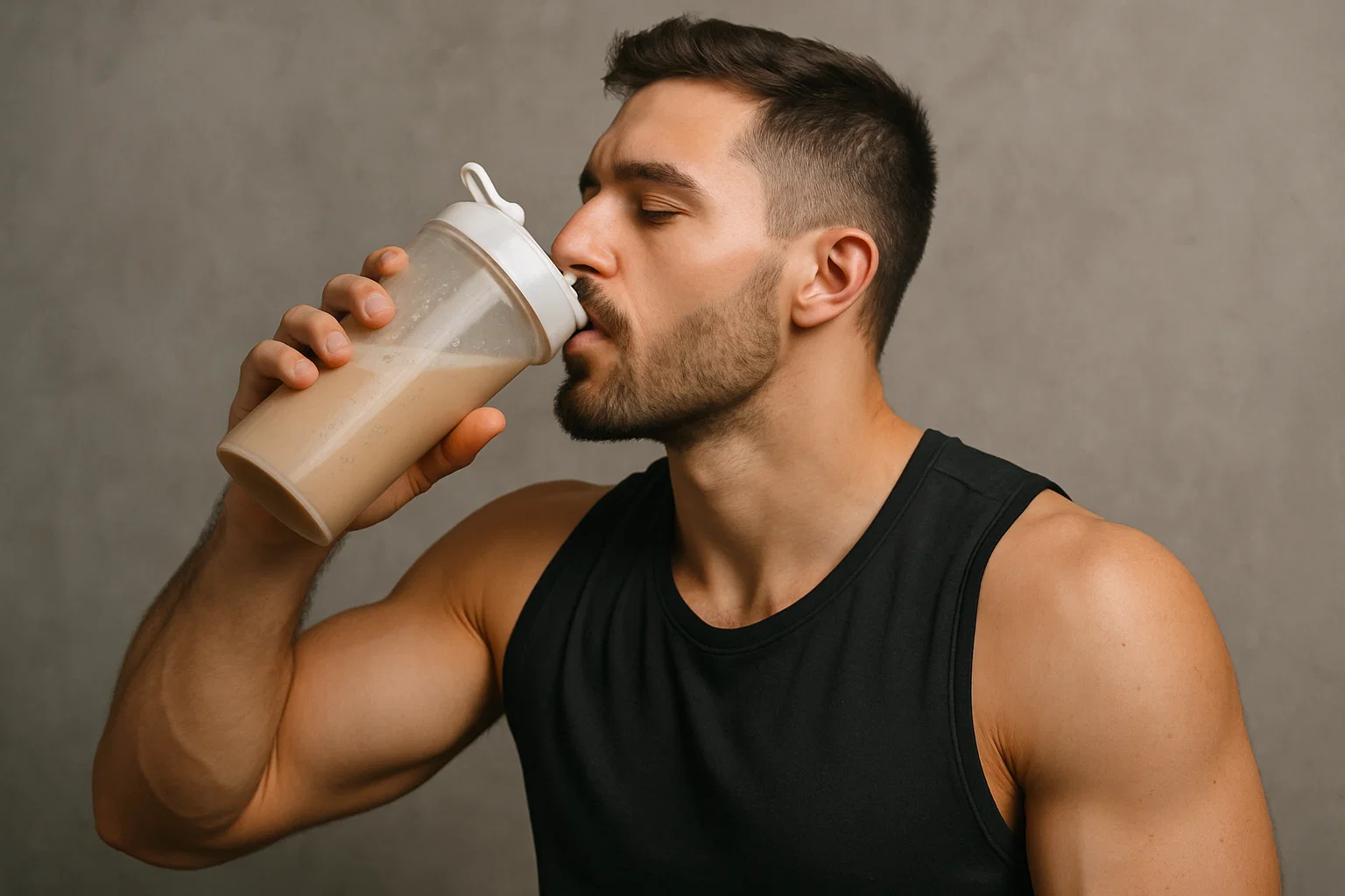 a man drinking a protein powder without artificial sweeteners