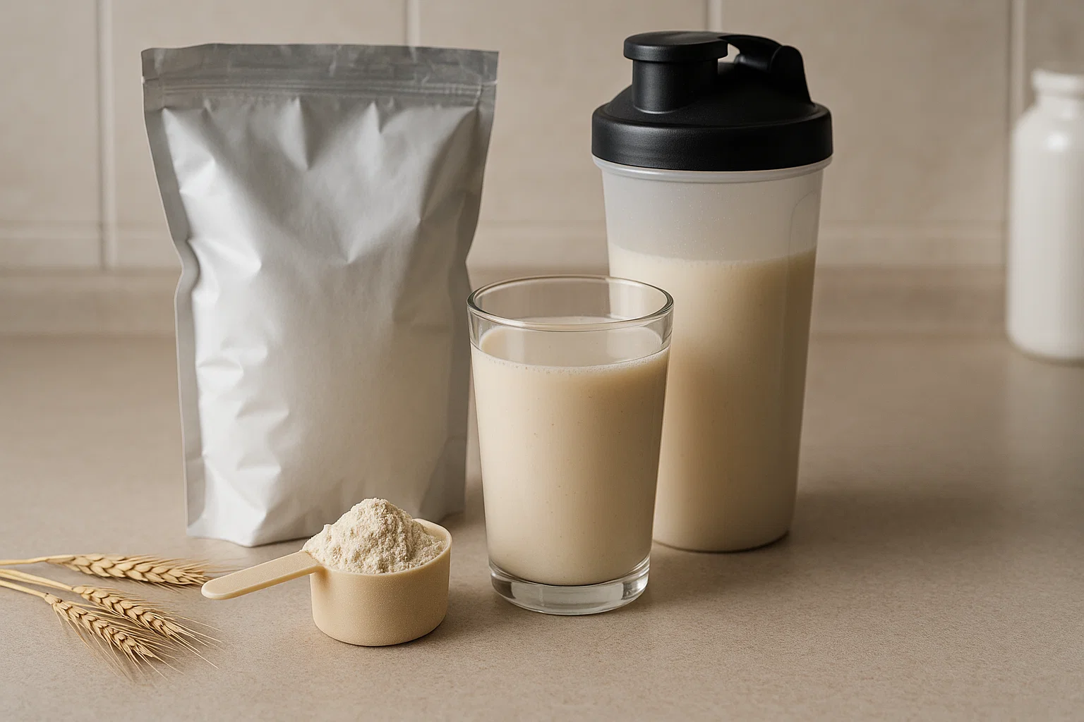 Protein powder for a sensitive stomach along with a shake in a bottle and a glass