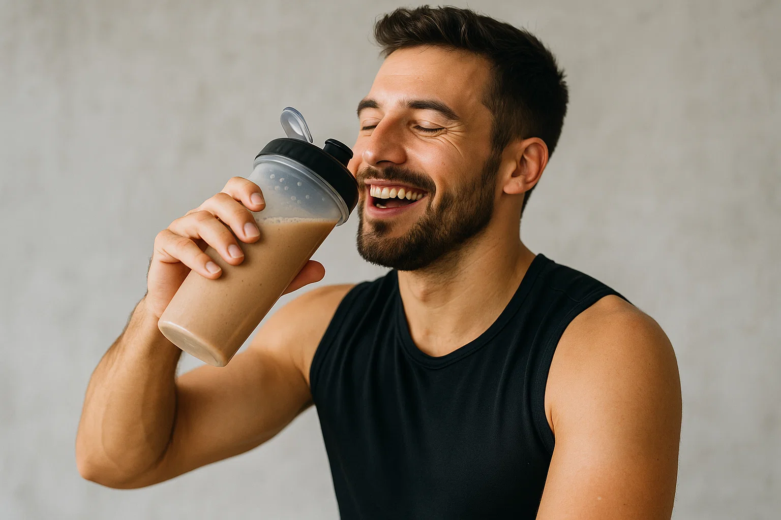 someone drinking a protein shake looking happy