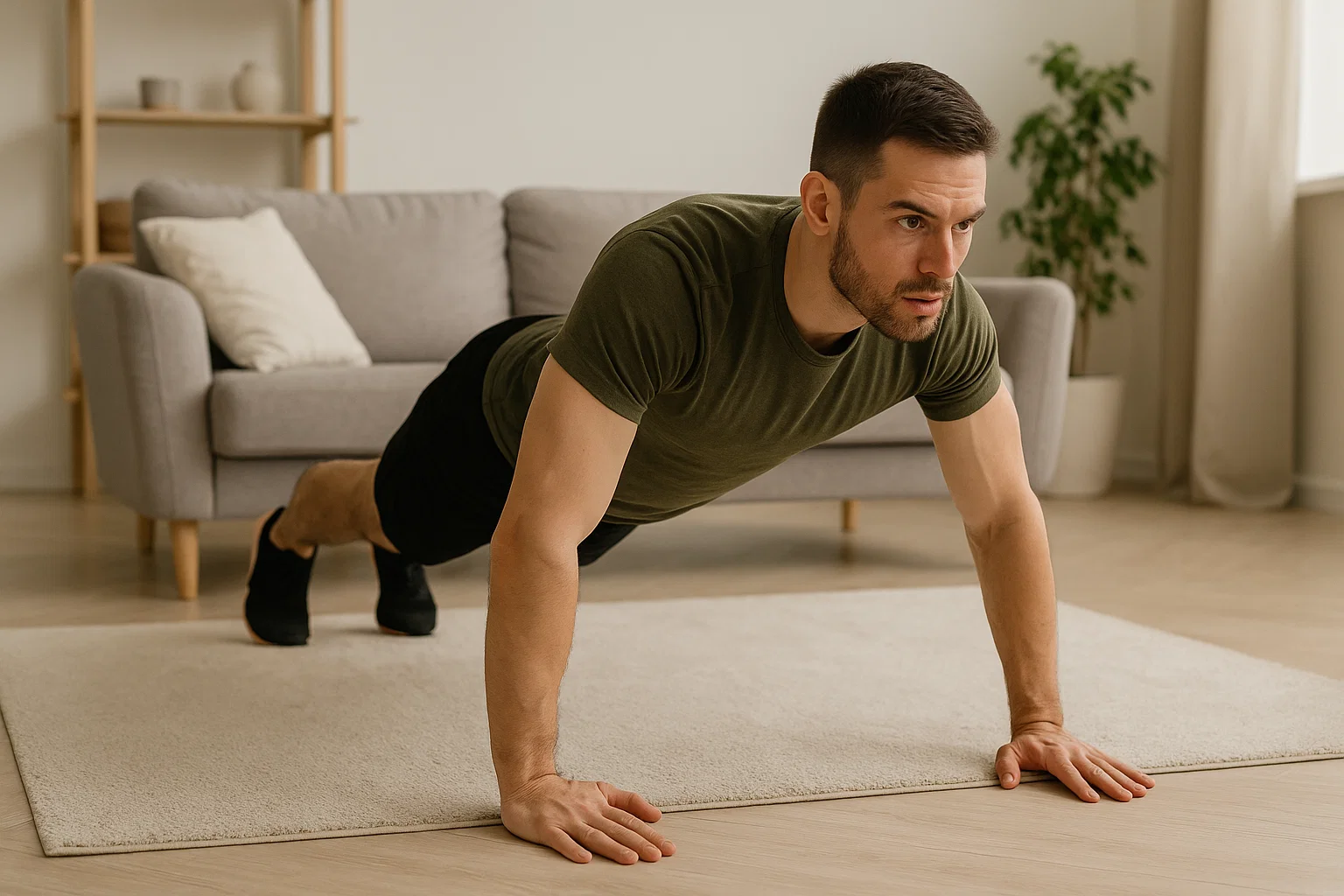 A man doing muscle building workouts at home