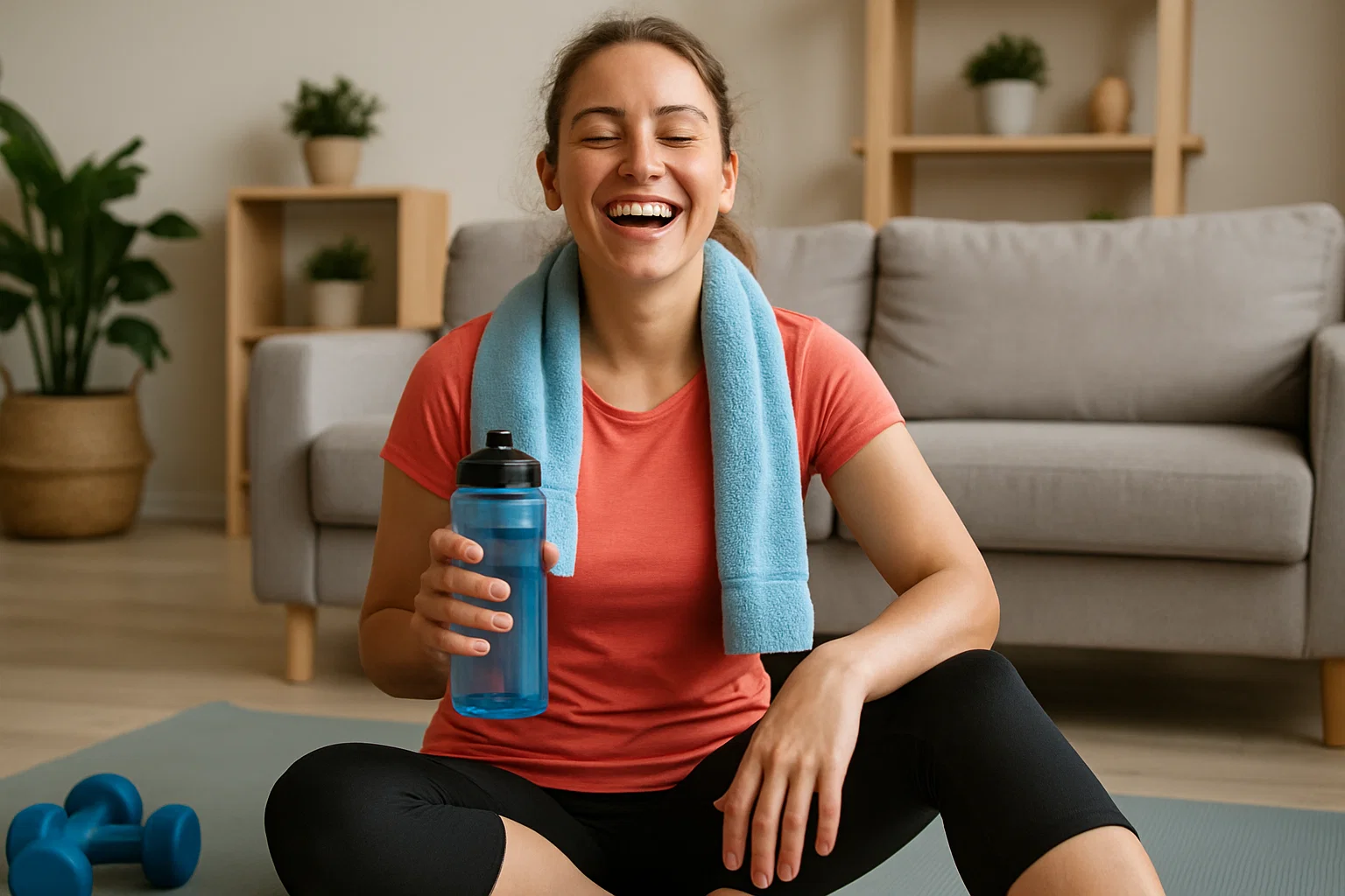 A woman laughing after a home workout