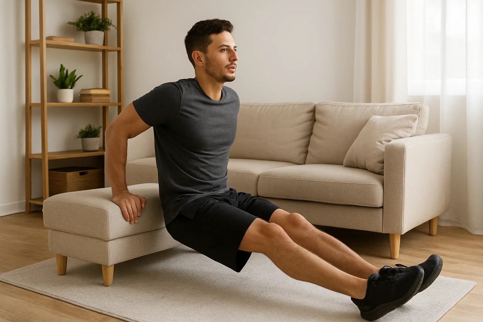 A man doing tricep dips at home