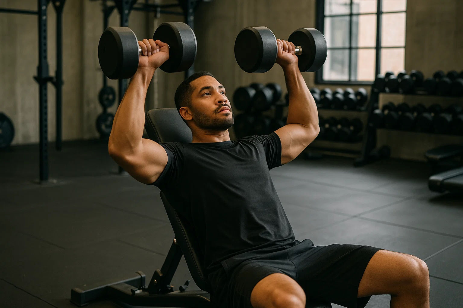 A man focusing on a beginner gym workout routine with dumbbells 