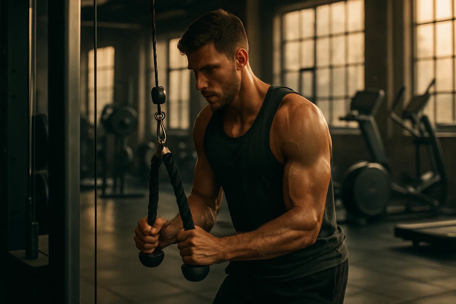 A man doing tricep rope pulls in the gym