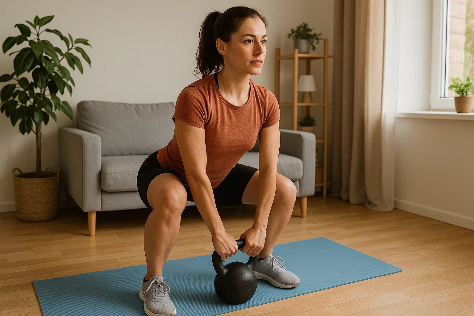 A woman A man in the gym using kettlebells for strength training at home