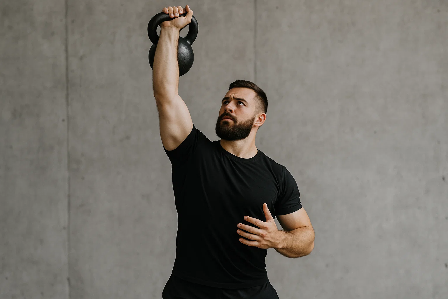 A man doing the military press with a kettlebell 