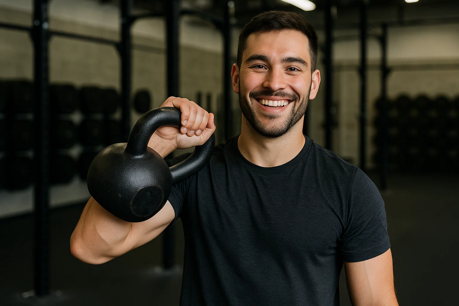 A man posing with a kettlebell and smiling in the gym