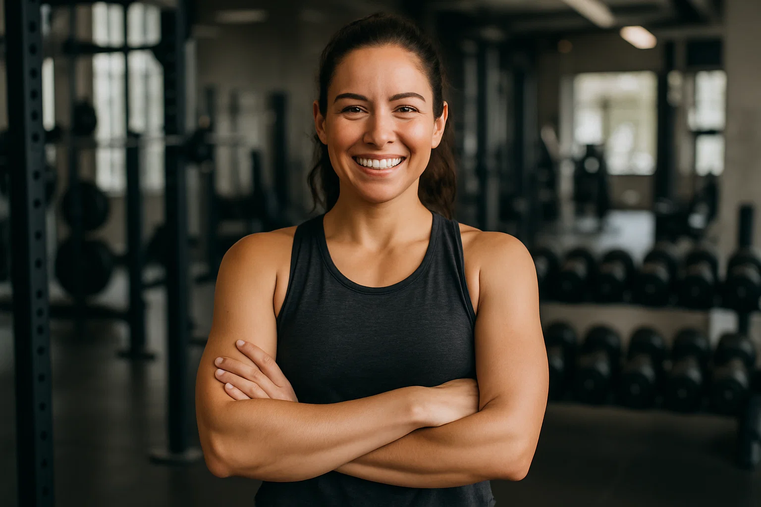 A woman posing in the gym looking happy with their arms crossed 