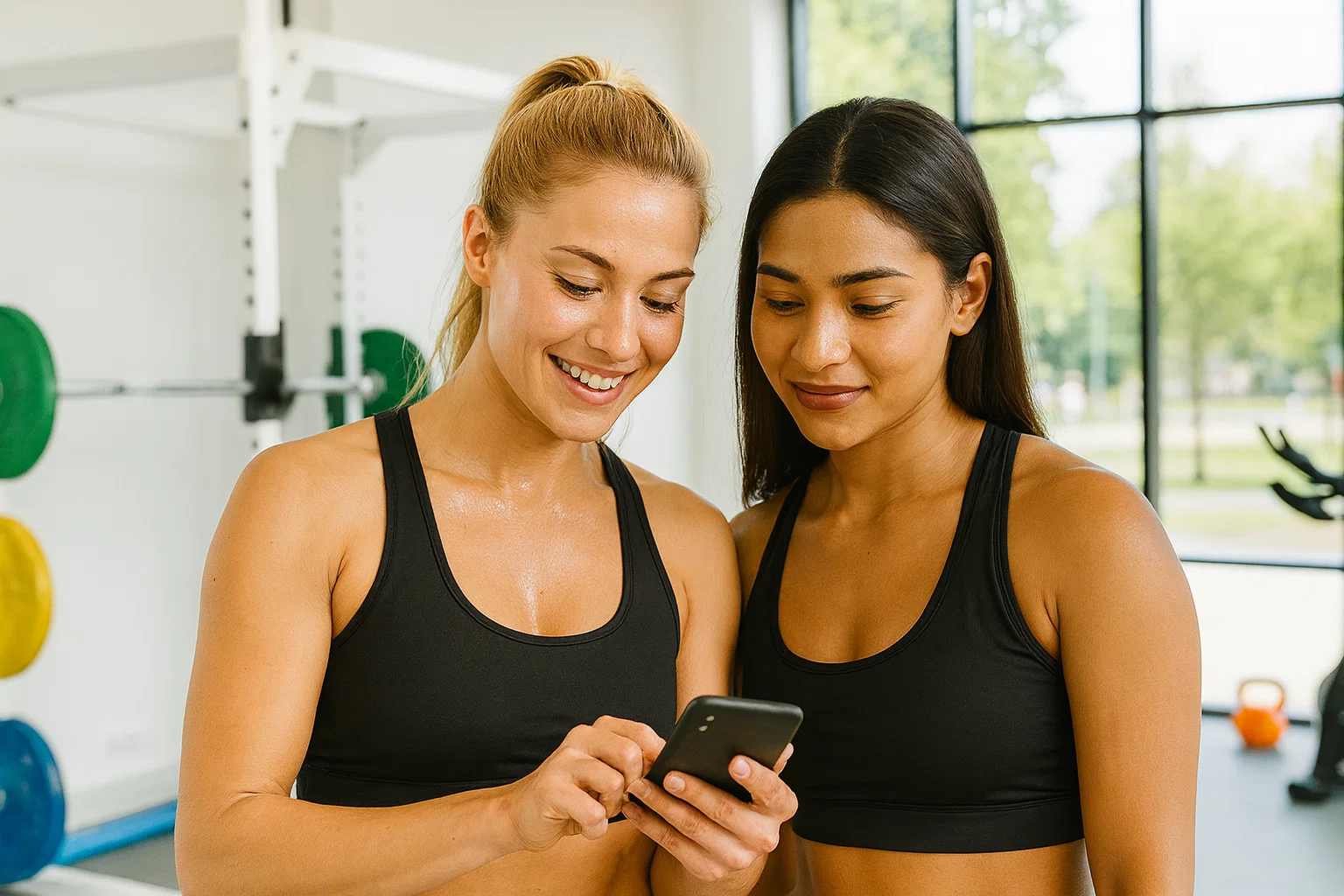 2 women looking at a phone after a workout in the gym 
