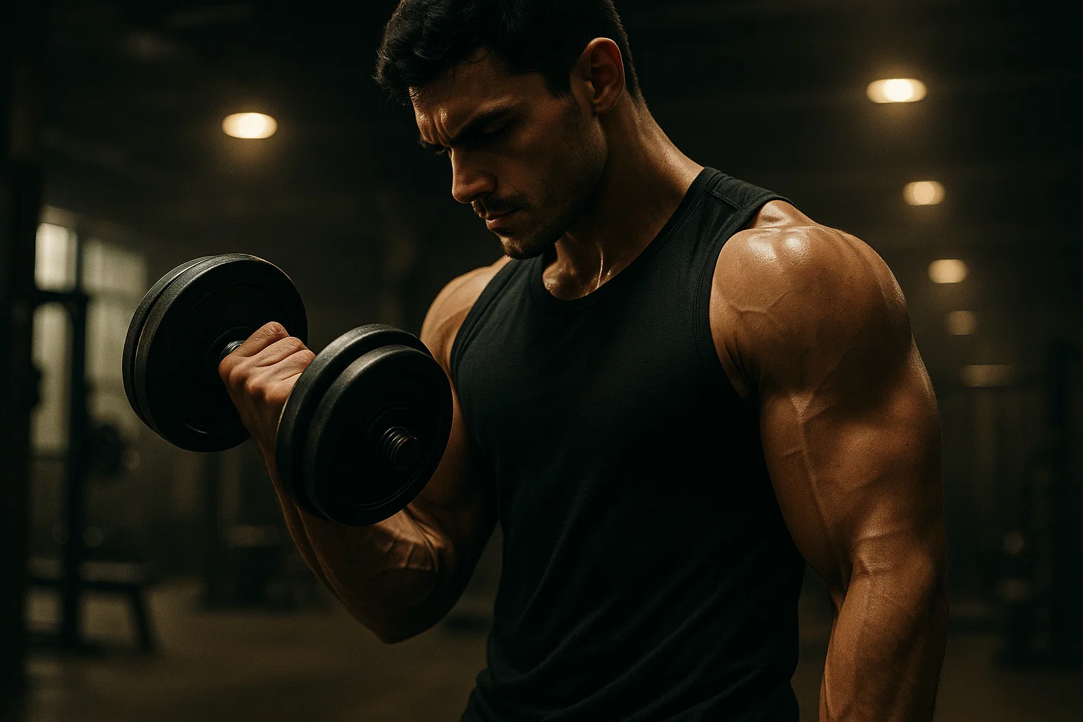 Hero image for a blog titled "how many sets and reps for strength training" - A man curling a dumbbell in the gym