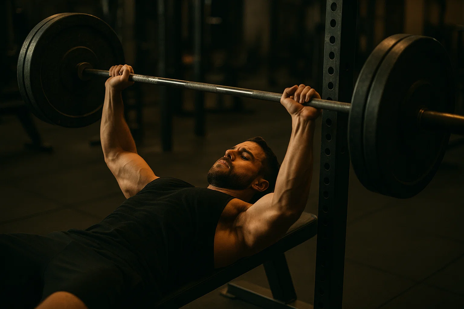 A cinemtaicc image of a man using a bench press in the gym