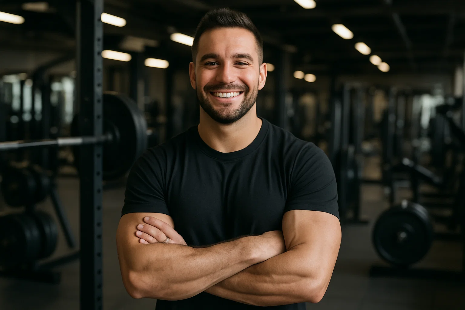 a man smiling and posing in the gym with his arms crossed