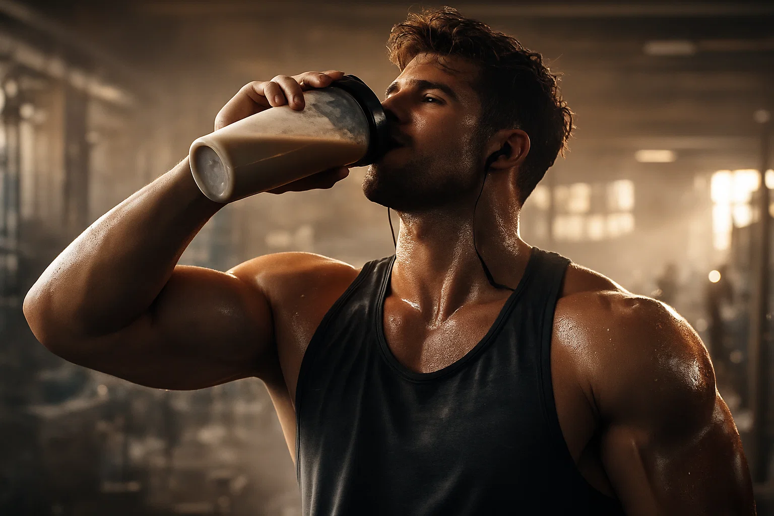 a cinematic image of a man drinking a protein shake