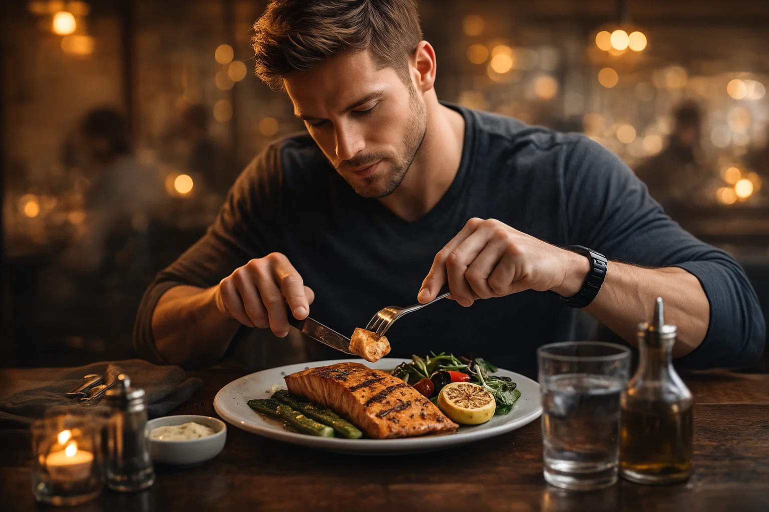 a cinematic image of a man eating grilled salmon to increase protein intake