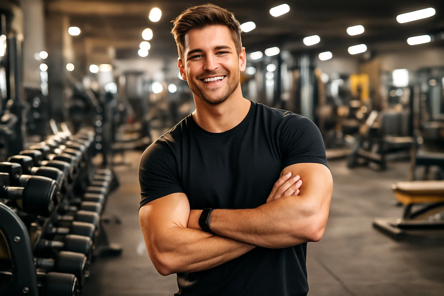 A happy man posing in the gym