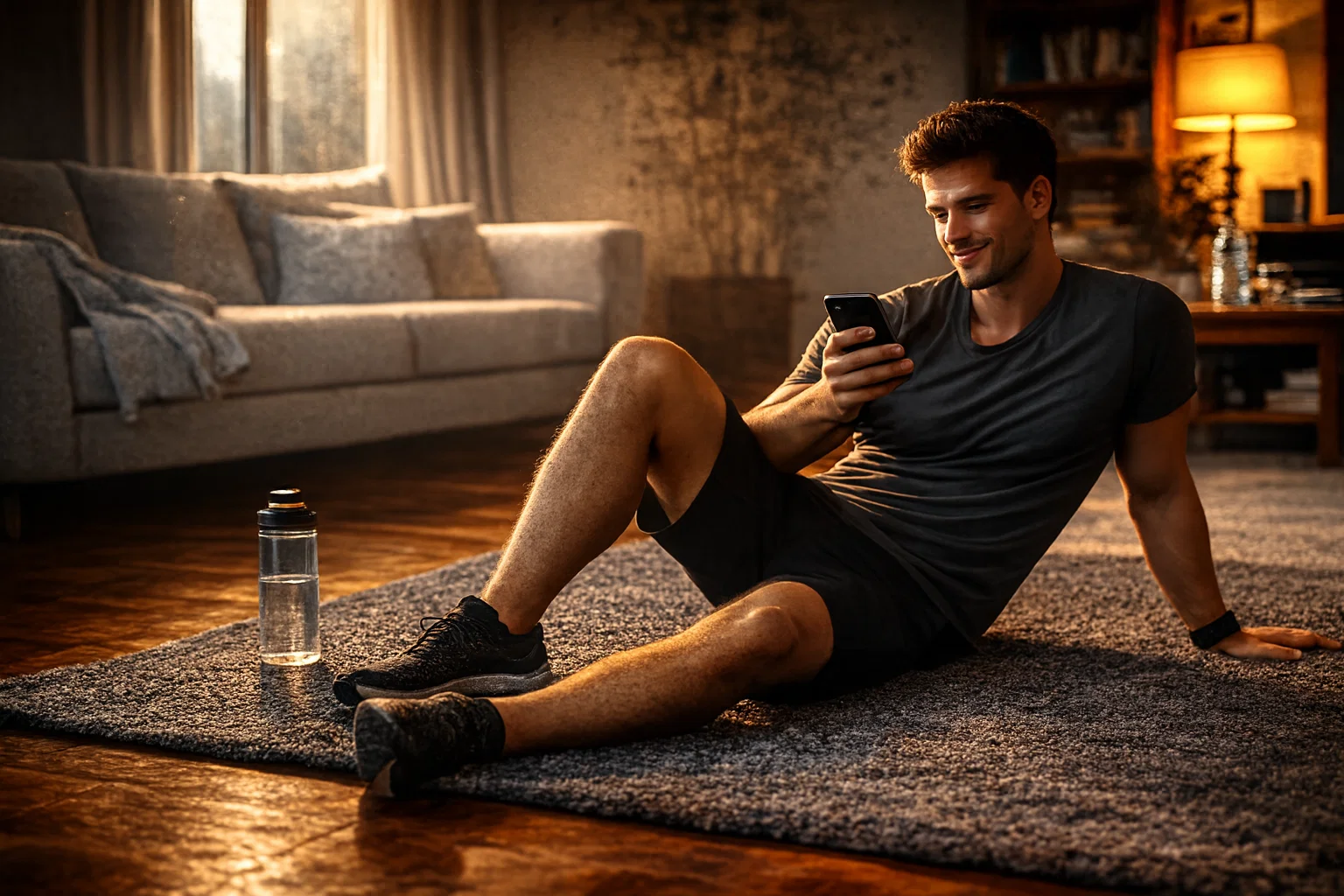 A man looking at his phone post workout at home