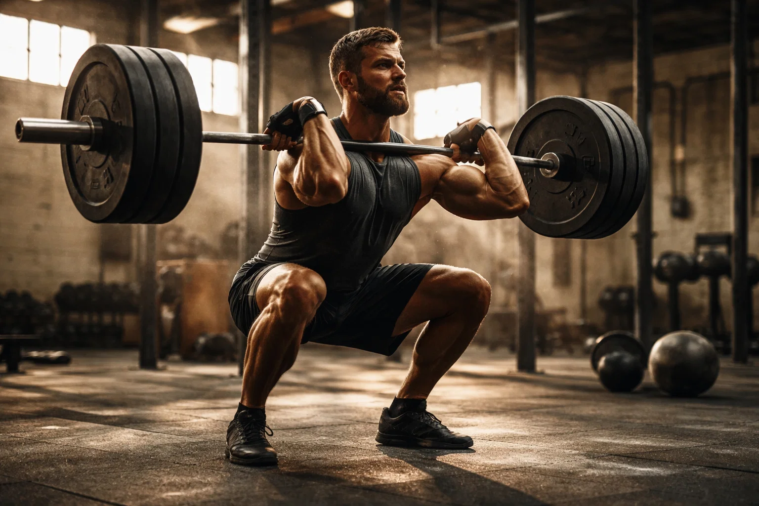 a cinematic image of someone doing crossfit strength training workouts