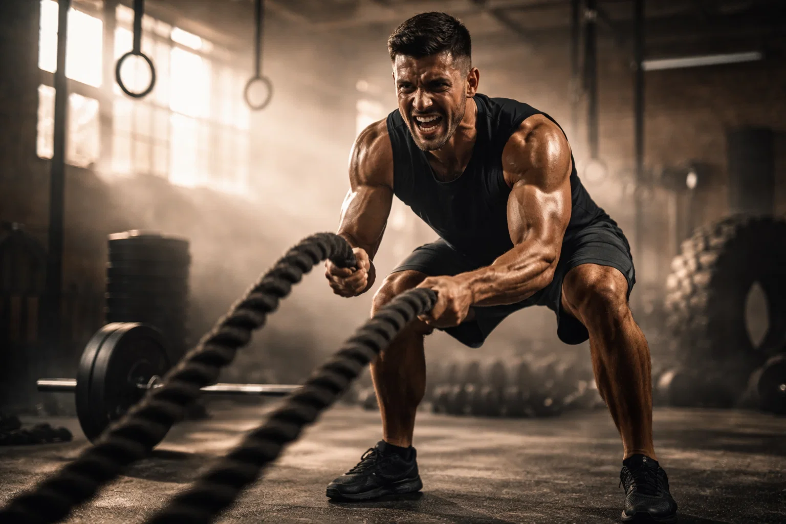 a cinematic image of someone doing cross fit exercises