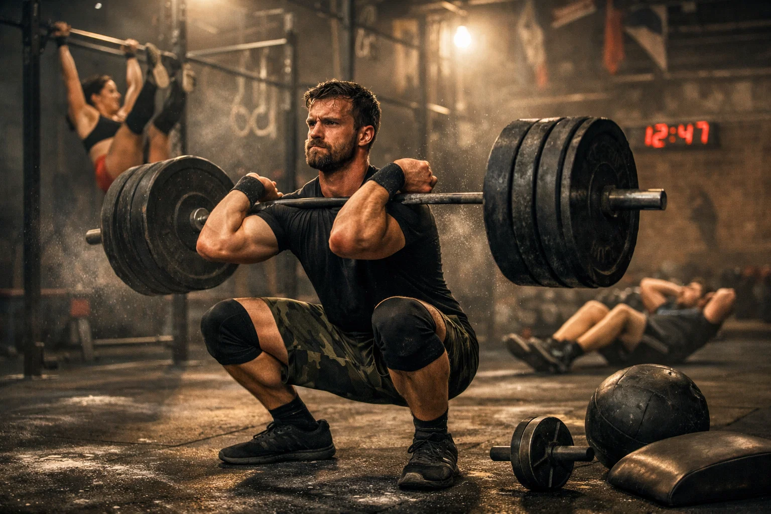 a cinematic image of someone doing Front squat and core strength chipper as part of crossfit