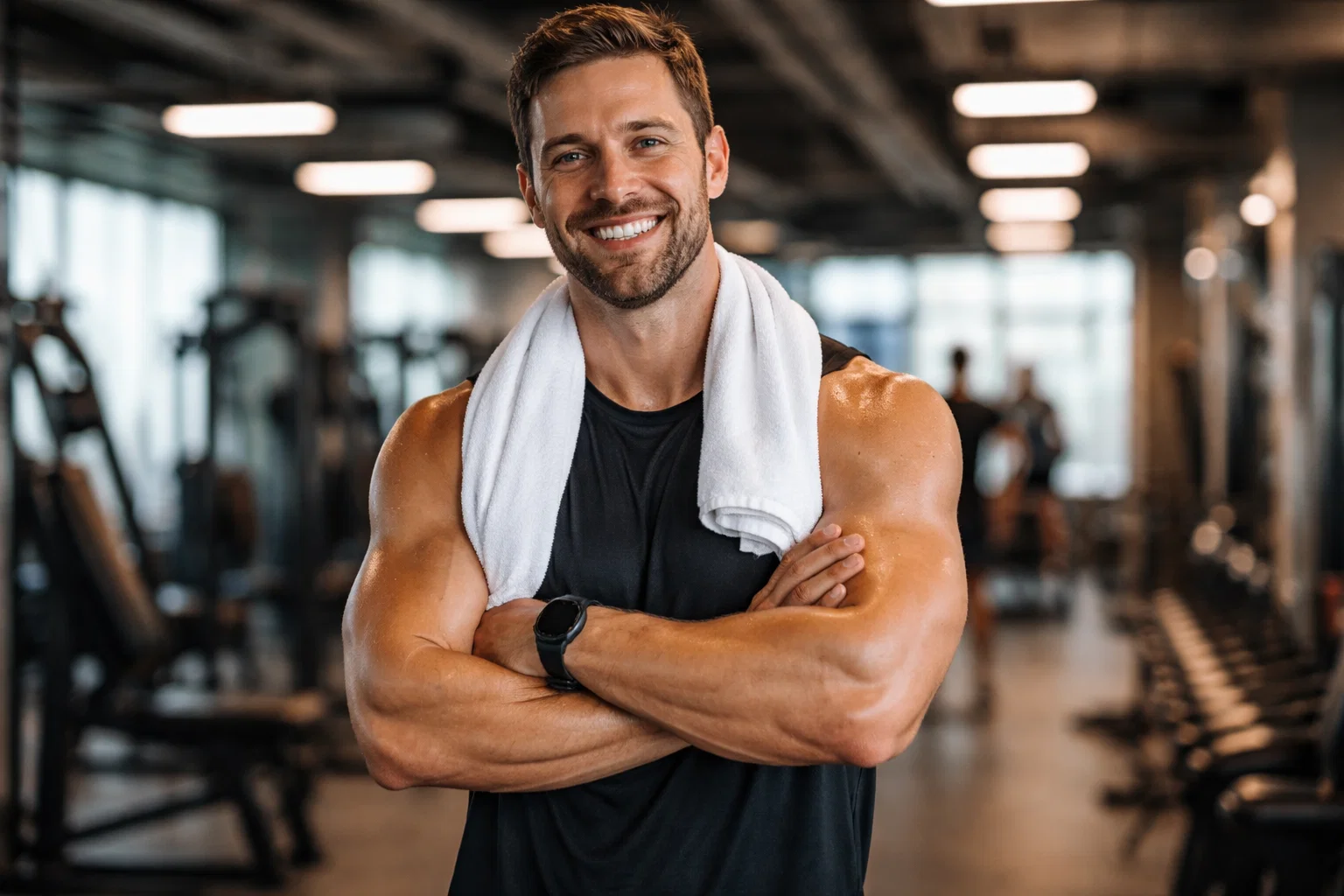 a cinematic image of a man posing and smiling in the gym after a workout