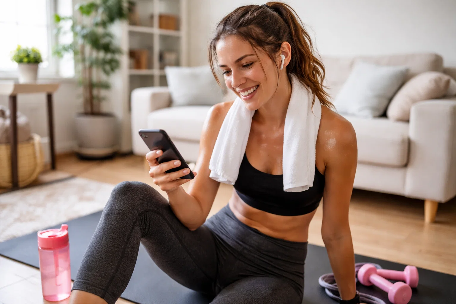 A WOMAN SMILING AT HER PHONE AFTER AN INTENSE HOME WORKOUT