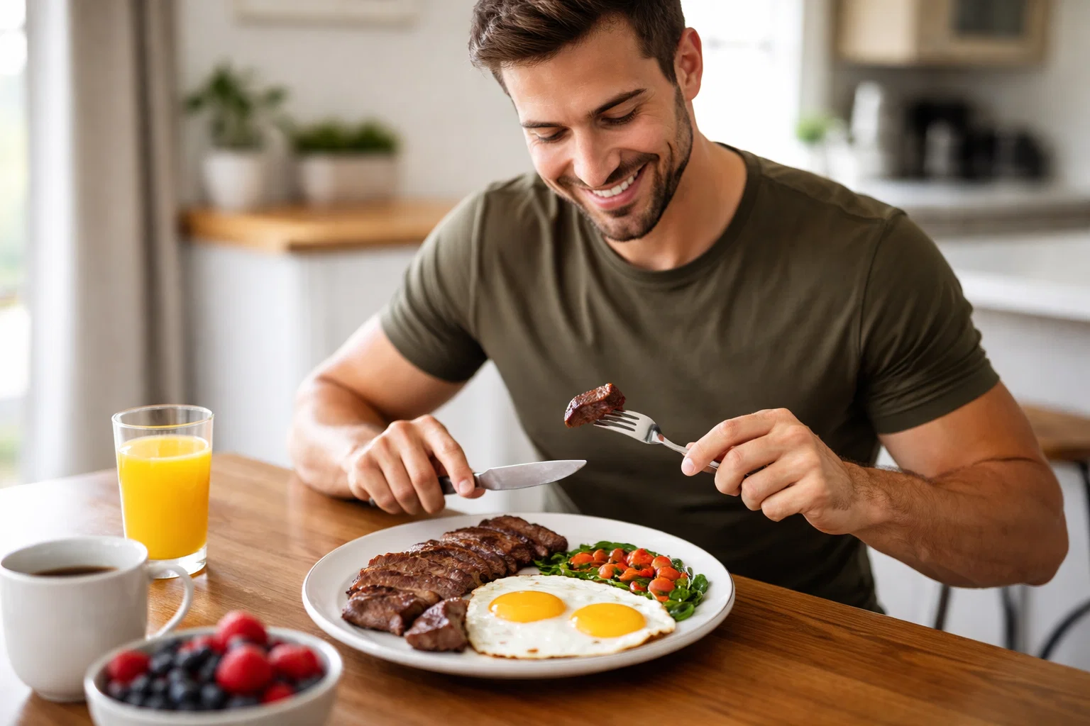 a man eating a lean steak with eggs