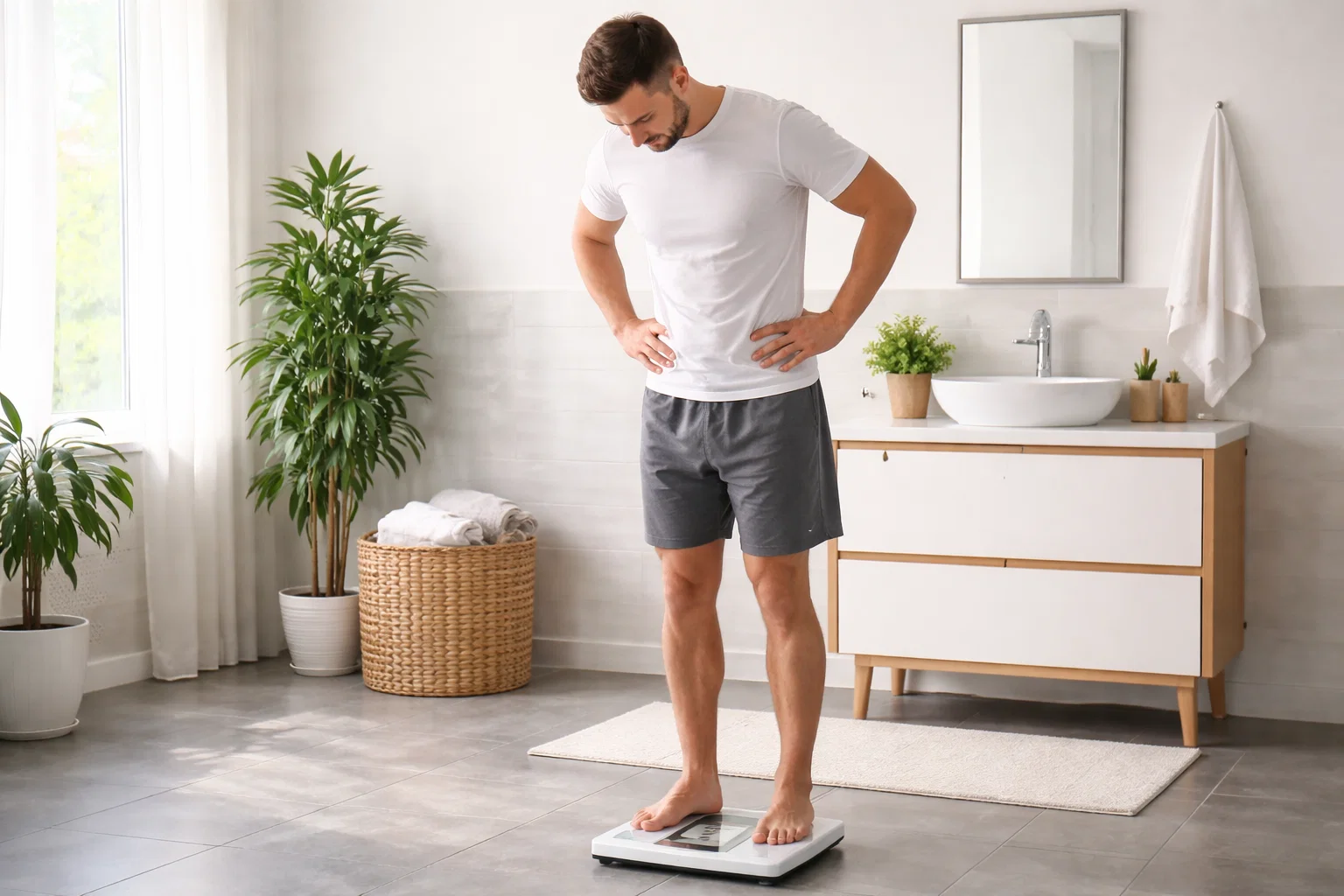 A man weighing himself in his bathroom