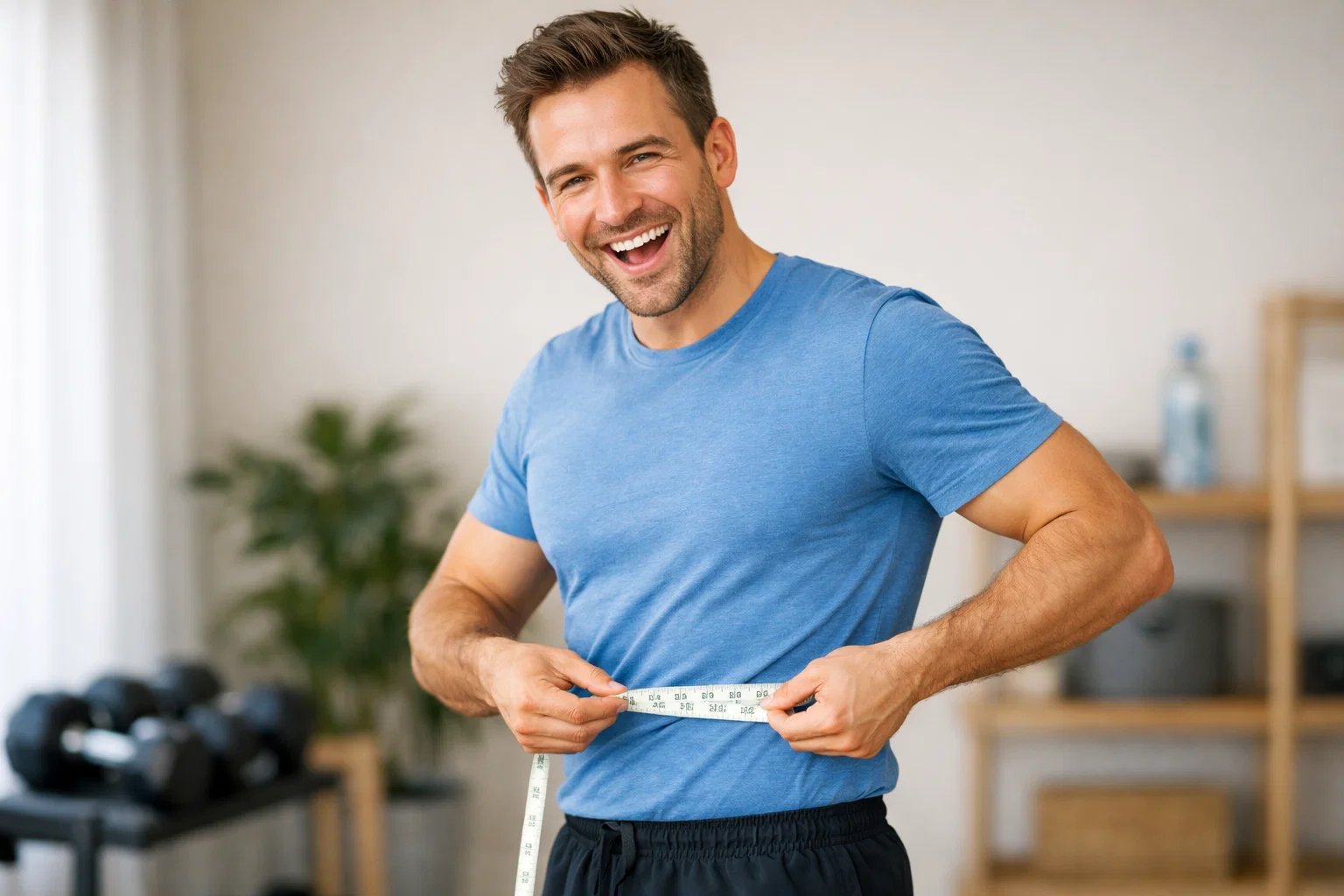 A man measuring his waist and look happy with improved results