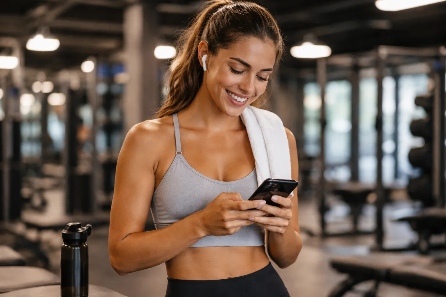 A woman looking at her phone while at the gym smiling