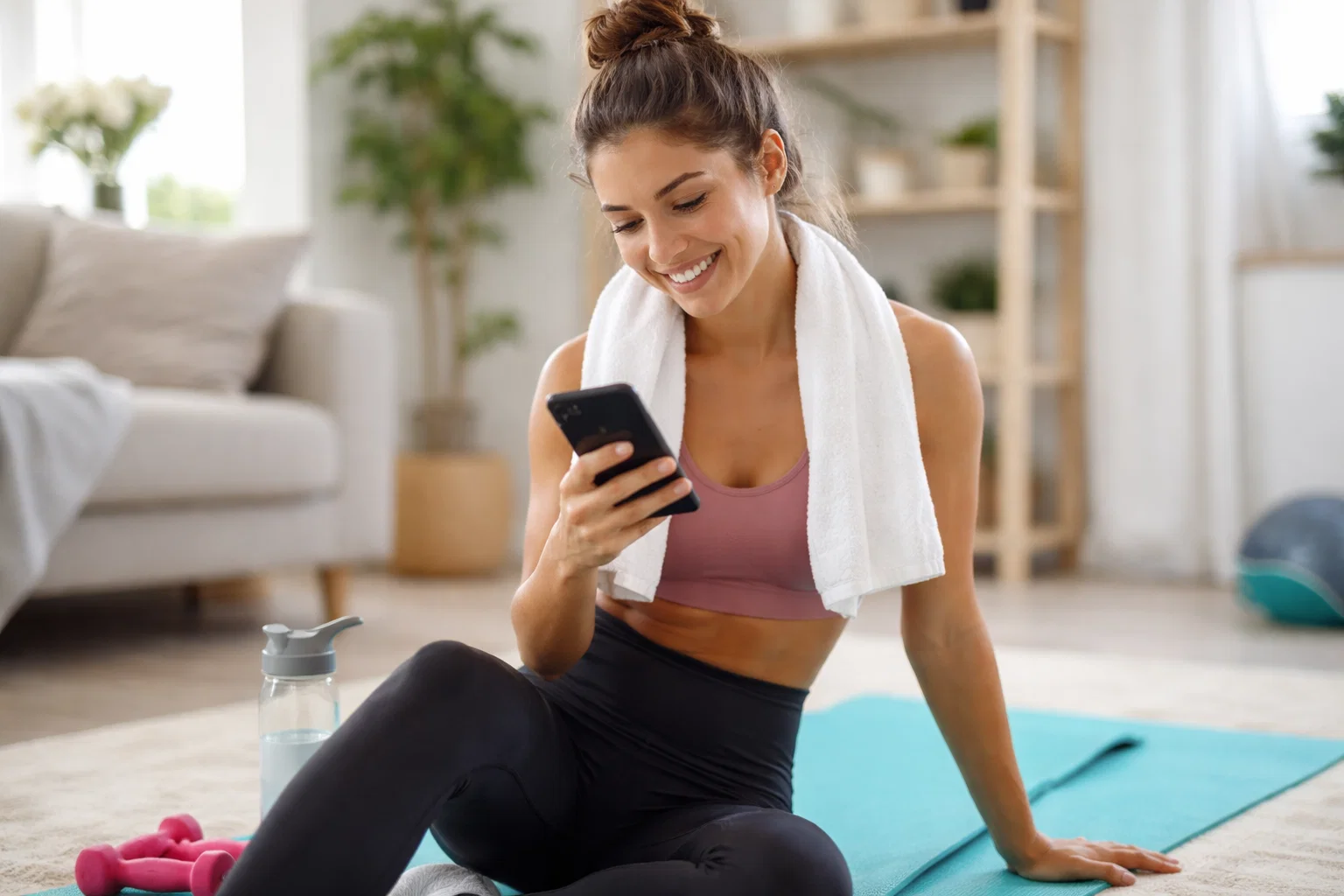 A woman smiling at their phone after a home workout