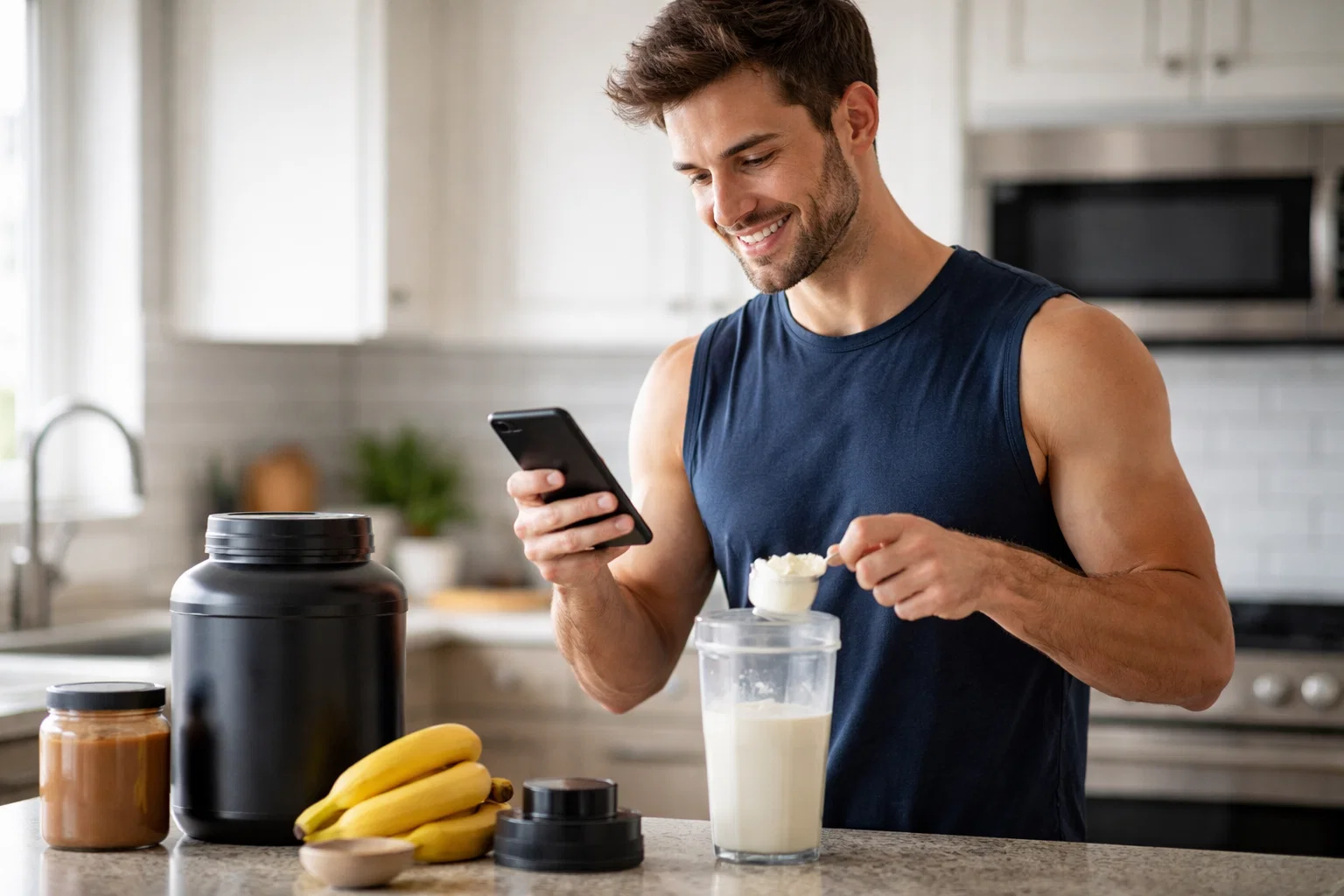 A man using the best protein tracker app at home whilst making a protein shake