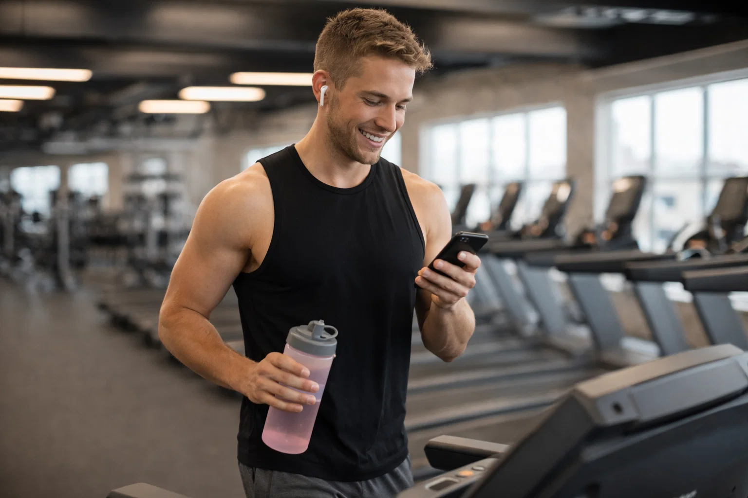 A man smiling at his phone whist walking on a treadmill in the gym
