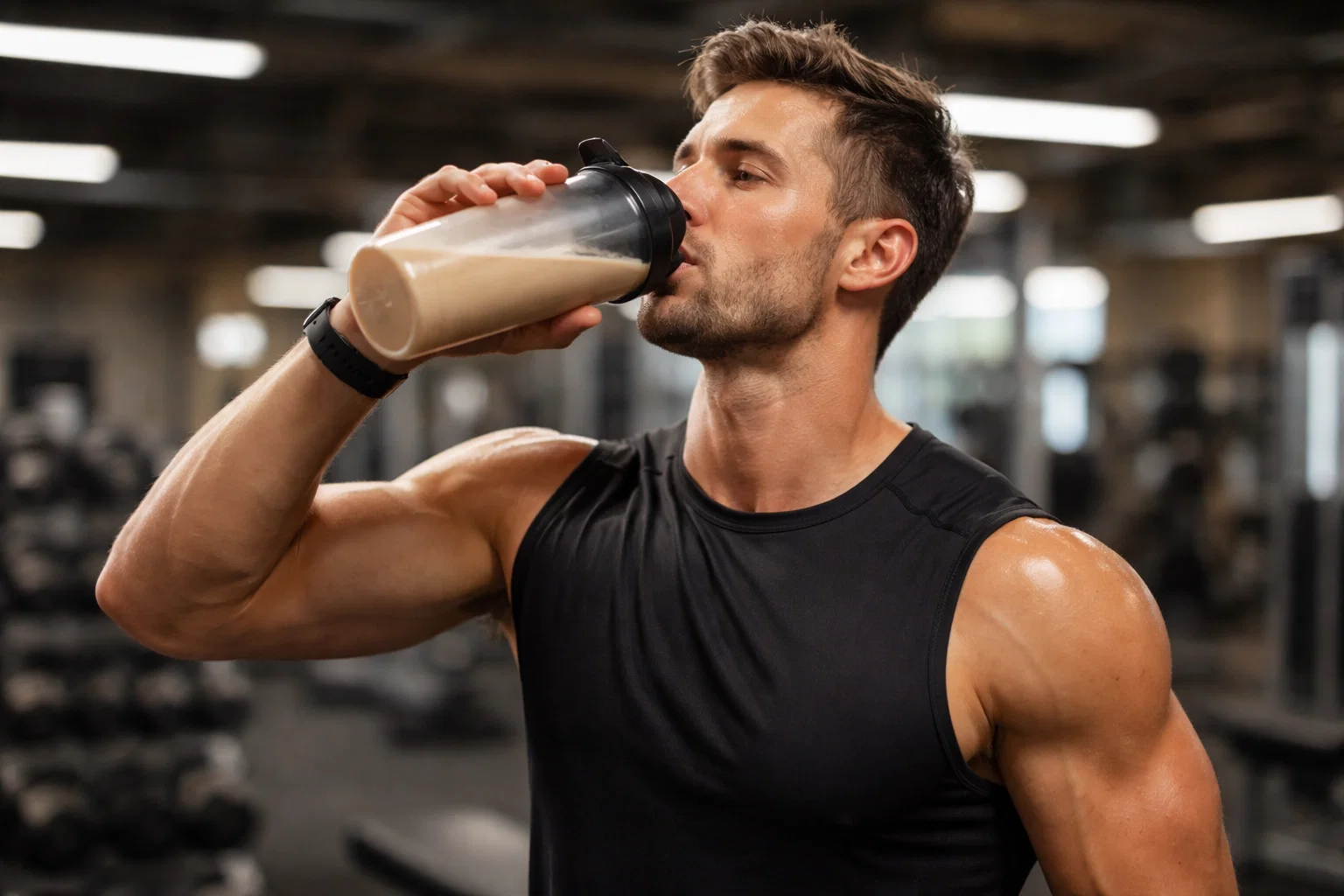 A man drinking post workout supplements for muscle gain at the gym