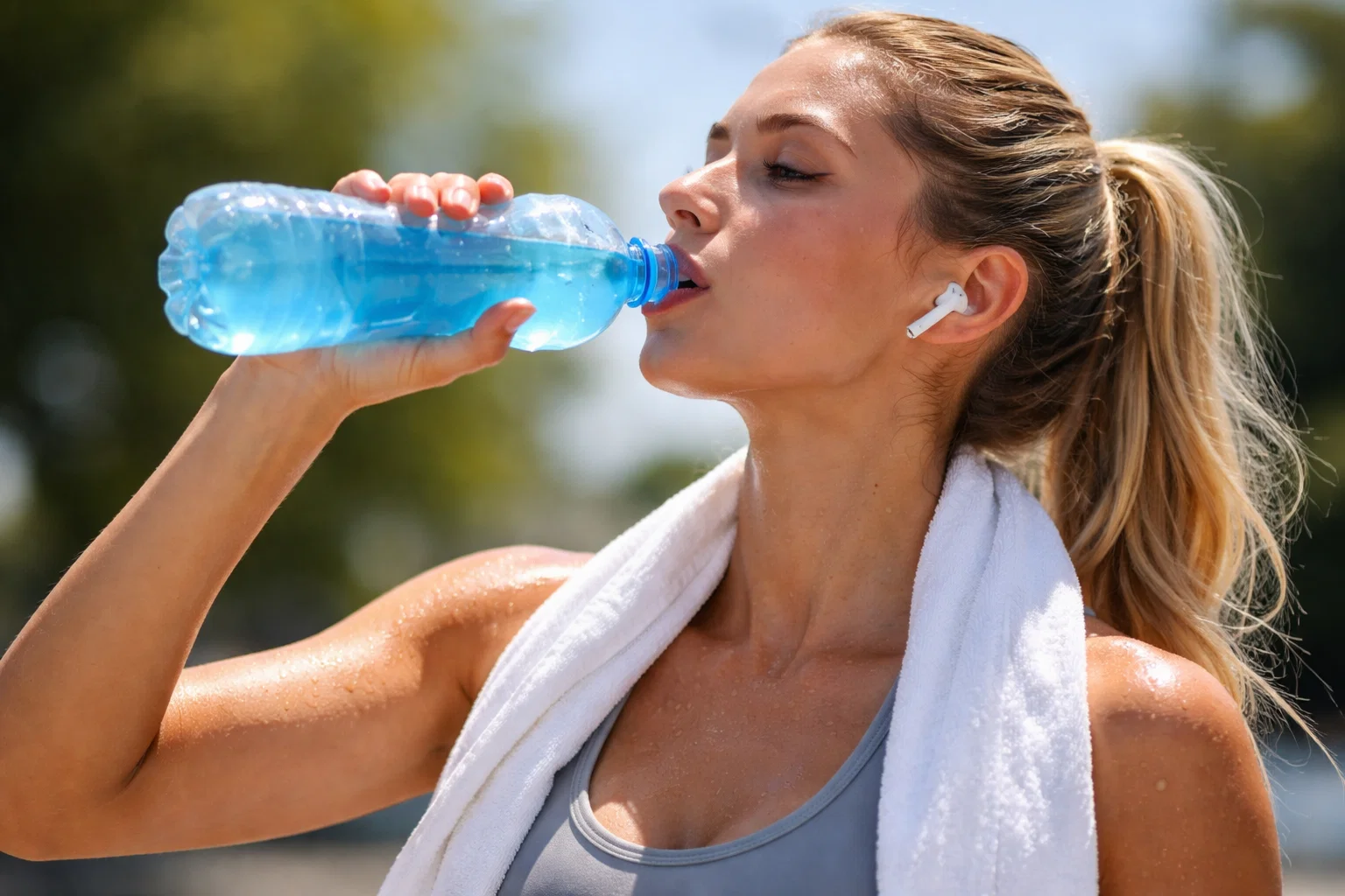 A woman s drinking an electrolytes drink