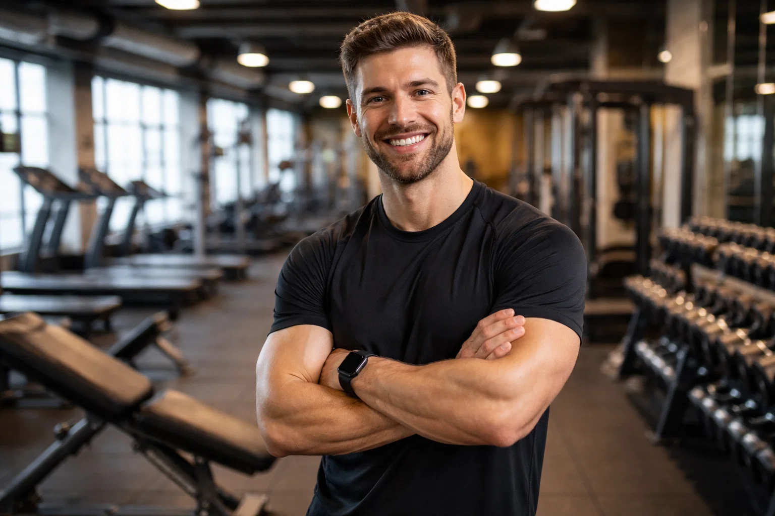 A happy man posing in the gym 