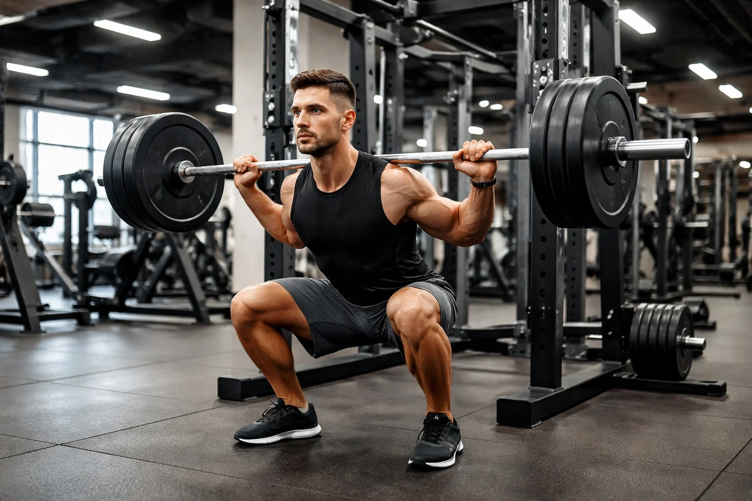 A man unlocking strength training benefits by squatting in the gym