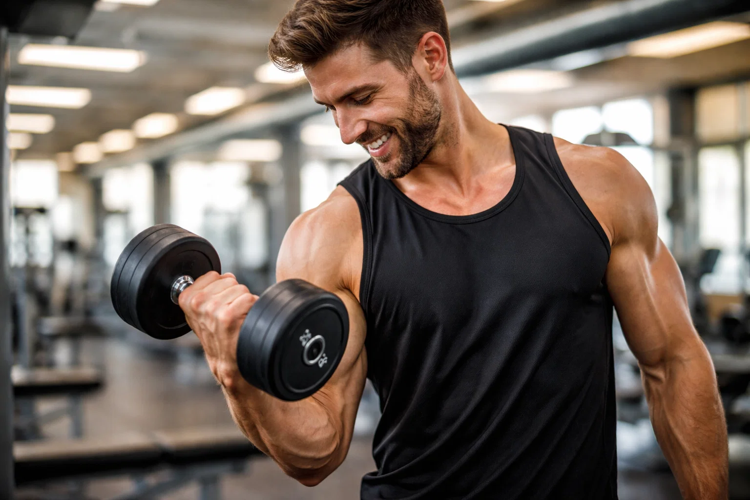 Someone smiling whilst curling dumbbells an looking at their bicep