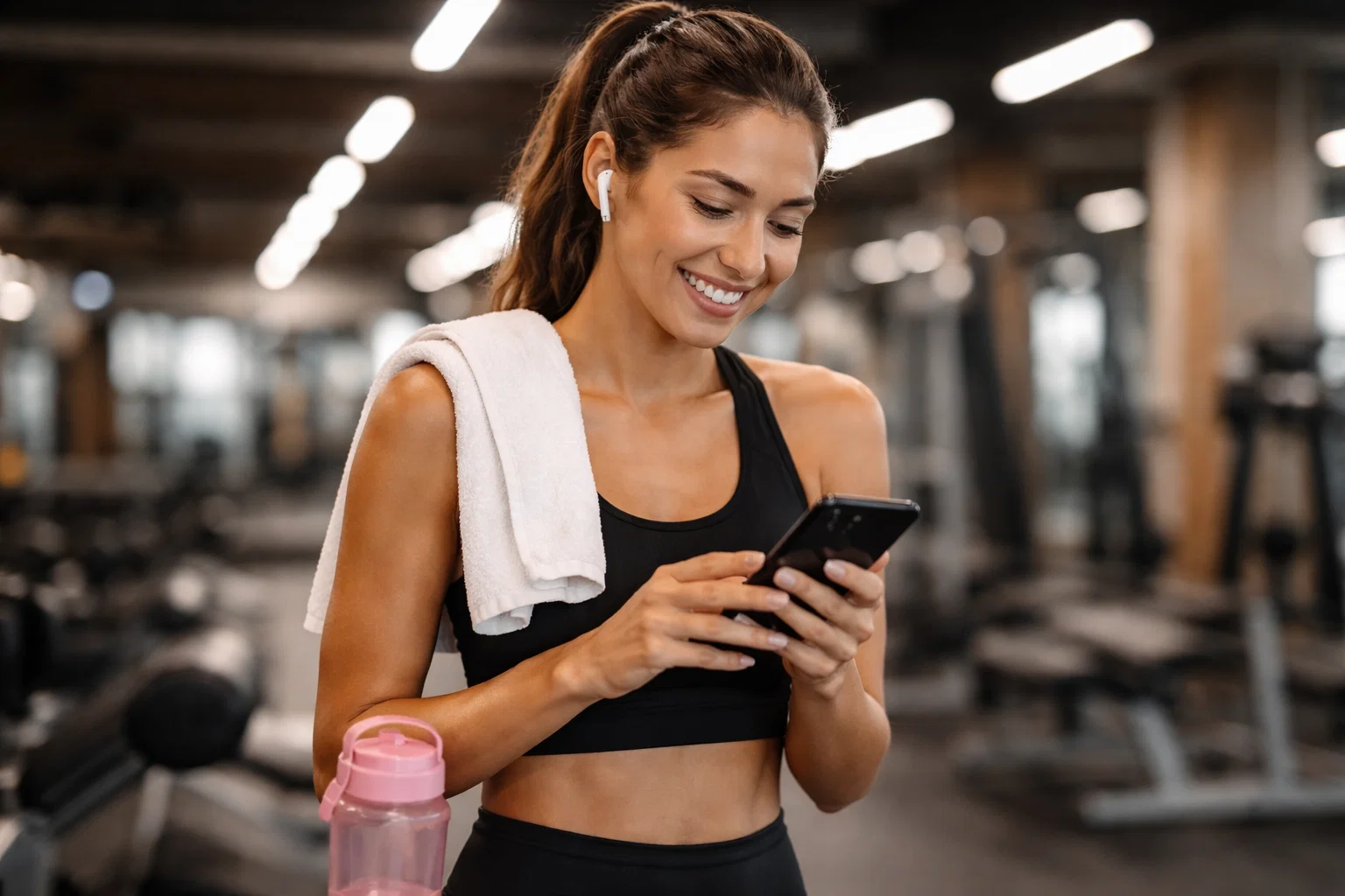 A woman smiling a the their phone in the gym