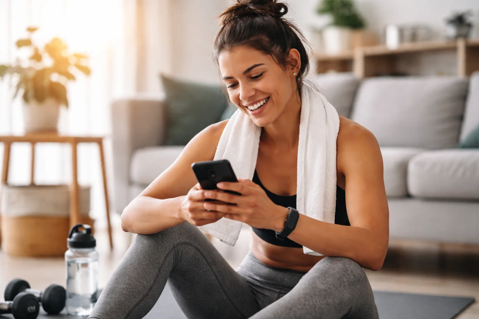 A woman using the best beginner workout app at home