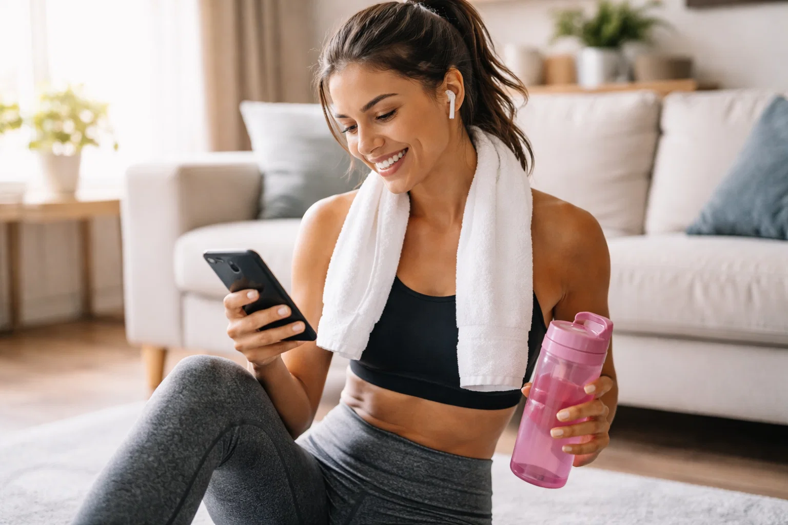 A woman using the best beginner workout app at home