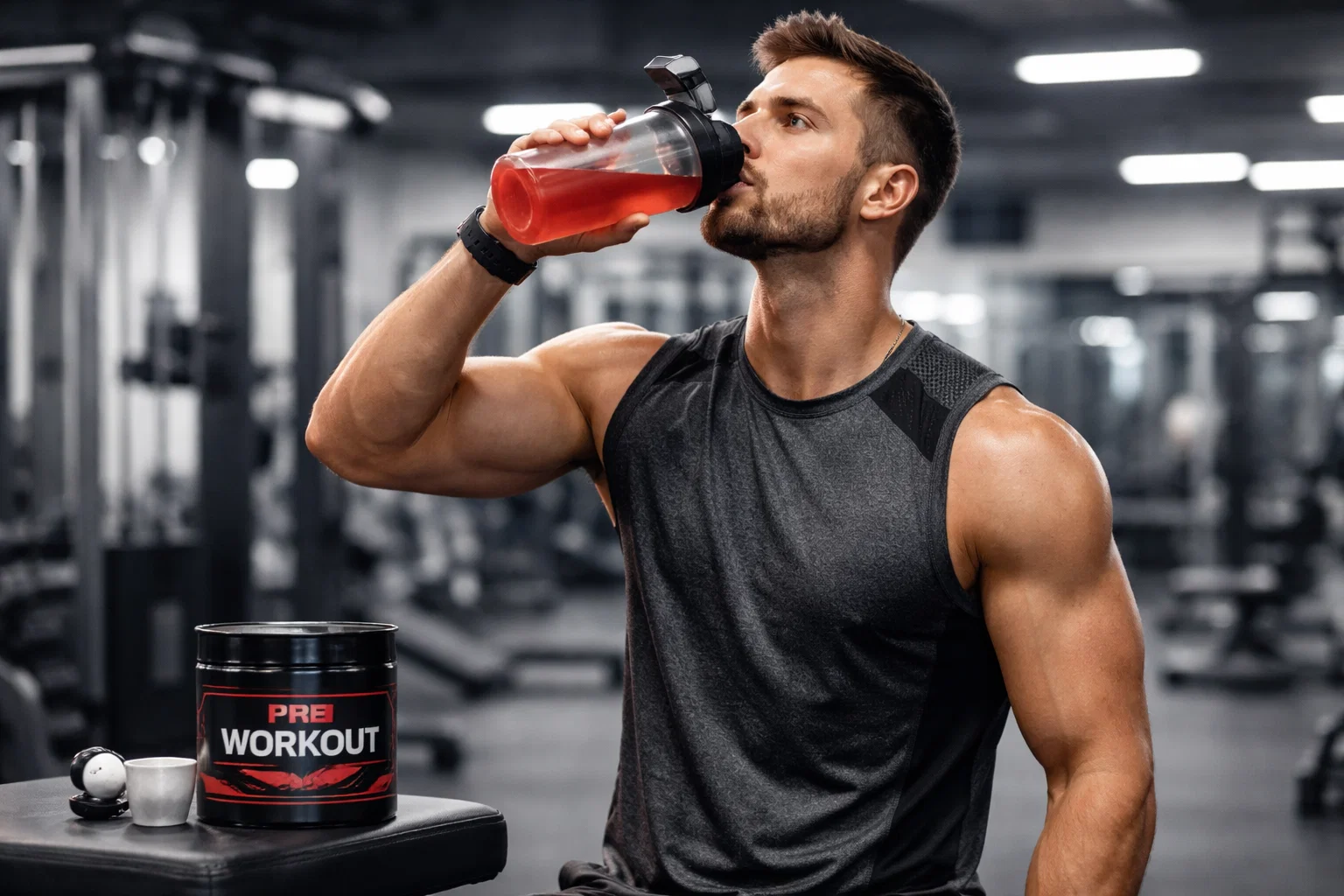 A man drinking pre workout for muscle building in the gym