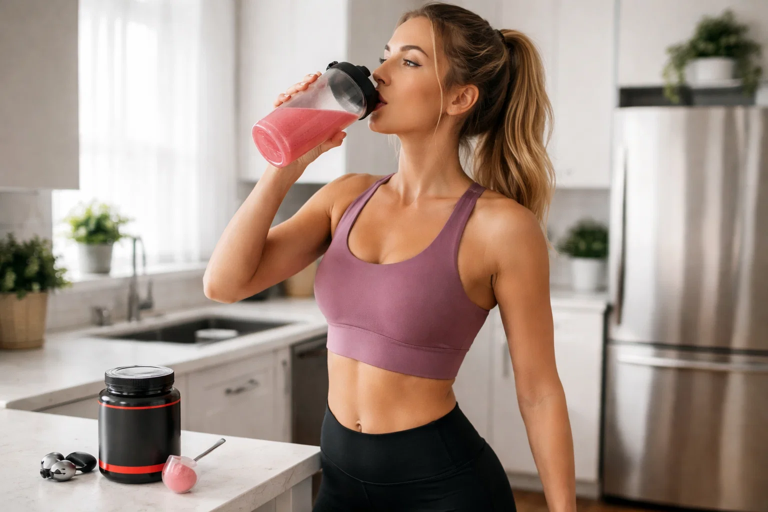 a woman drinking a pre workout supplement at home