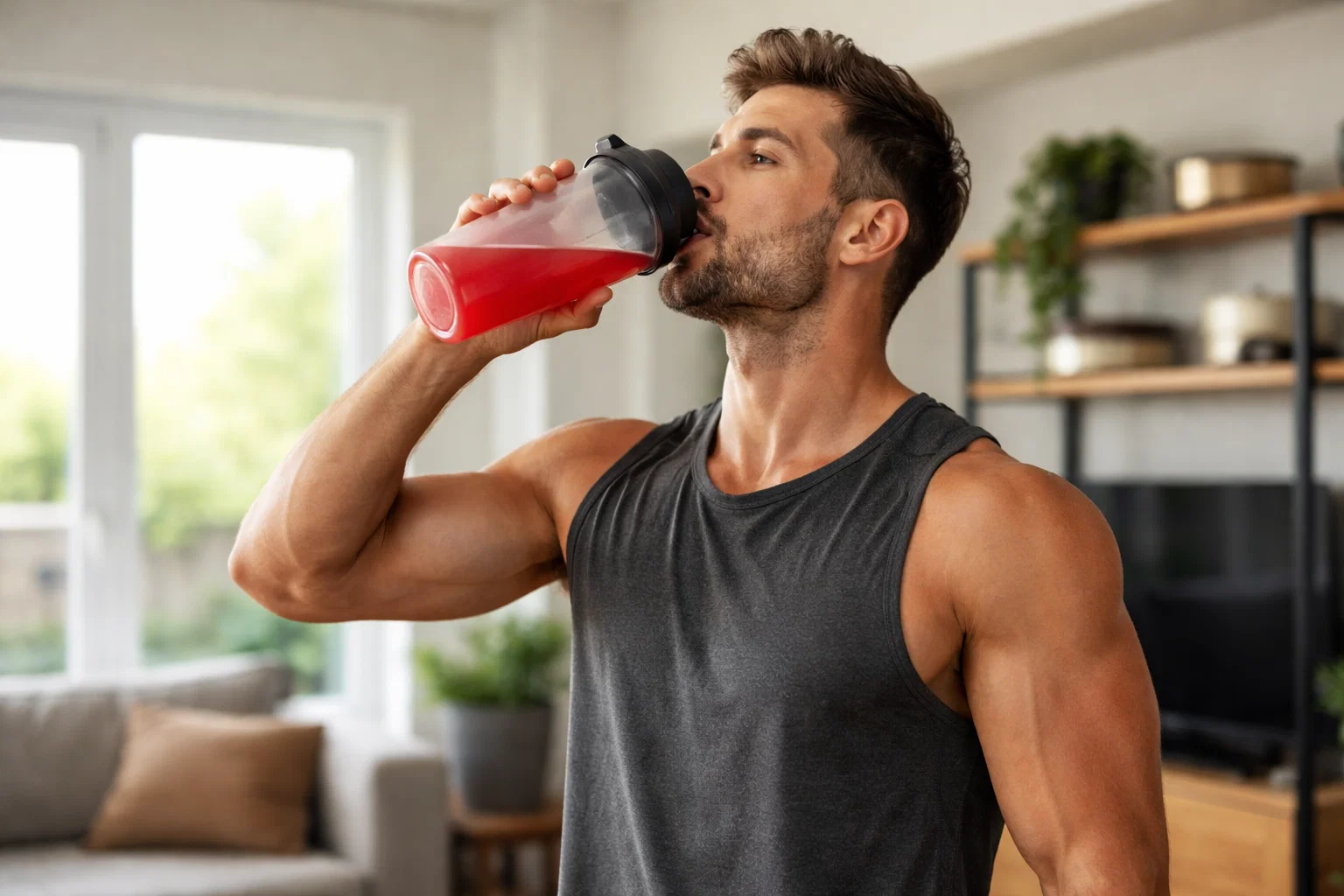 A man drinking pre workout at home.do not include any text 