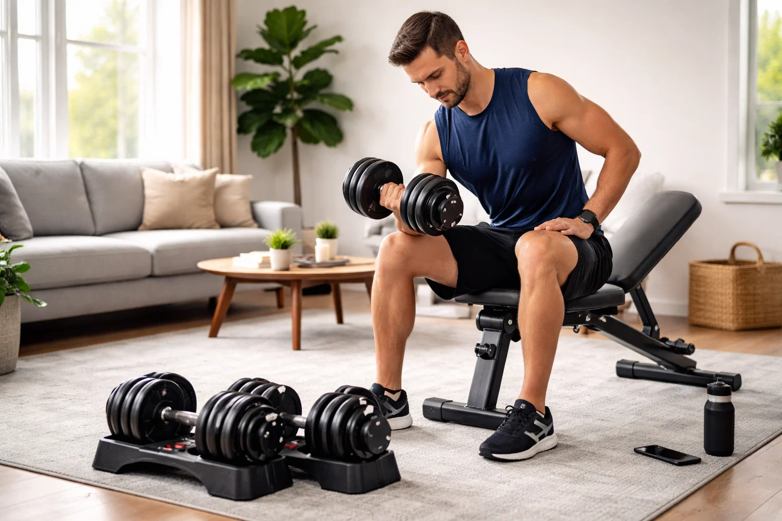 A man using an Adjustable dumbbells set at home