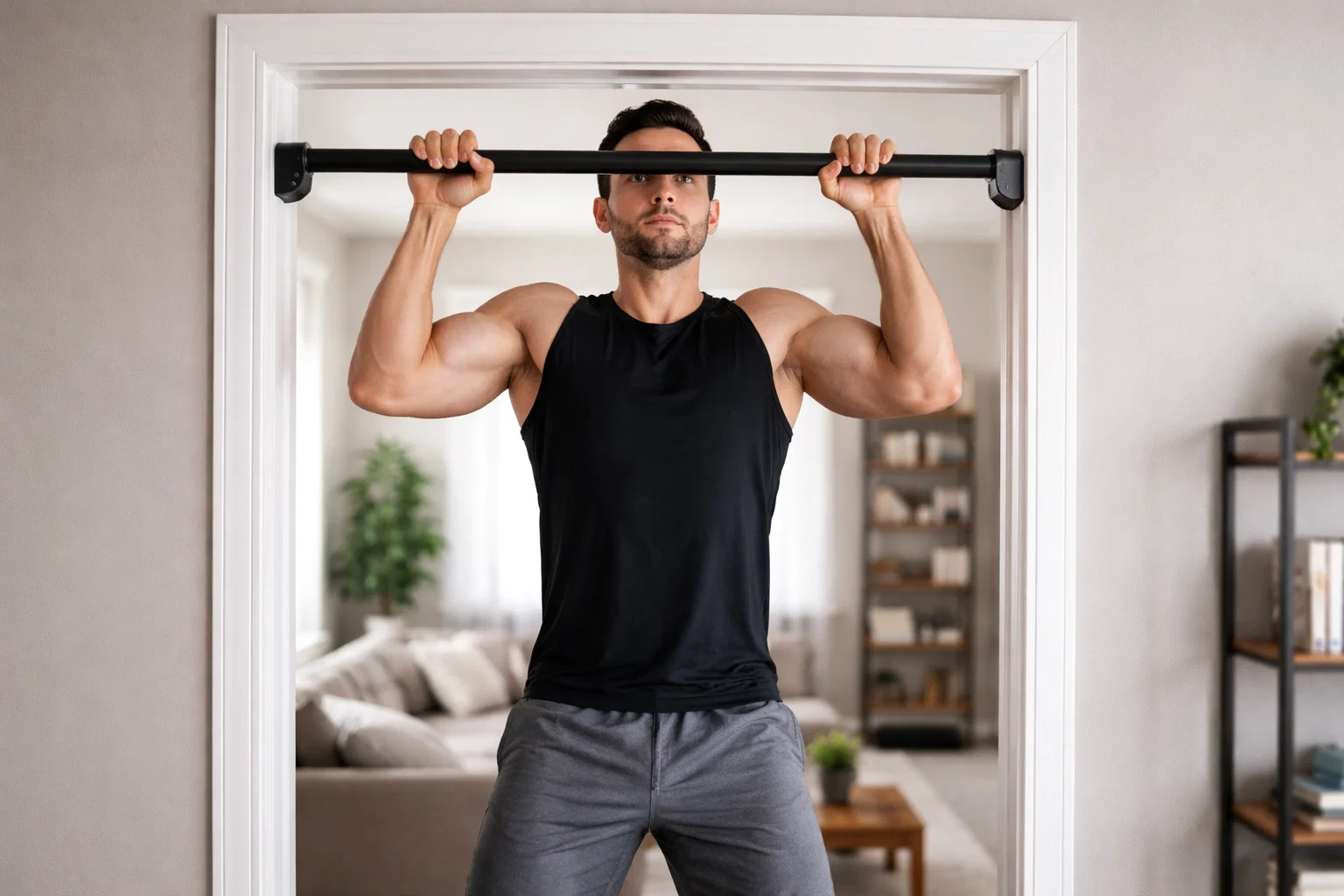Someone using a doorway pull up bar at home