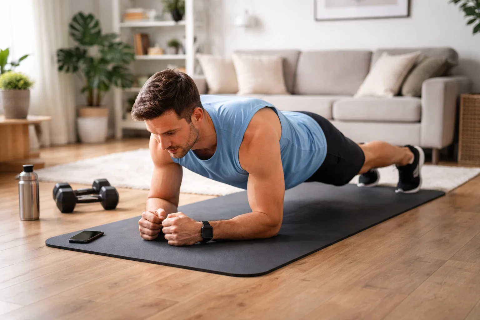 A man using an exercise matt at home