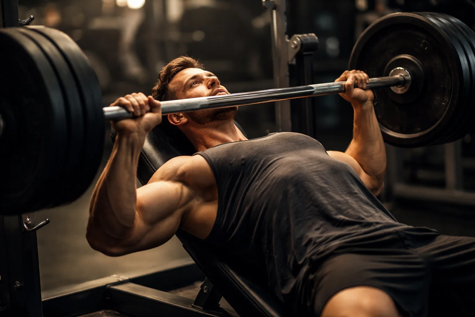 a cinematic image of a man using a bench press