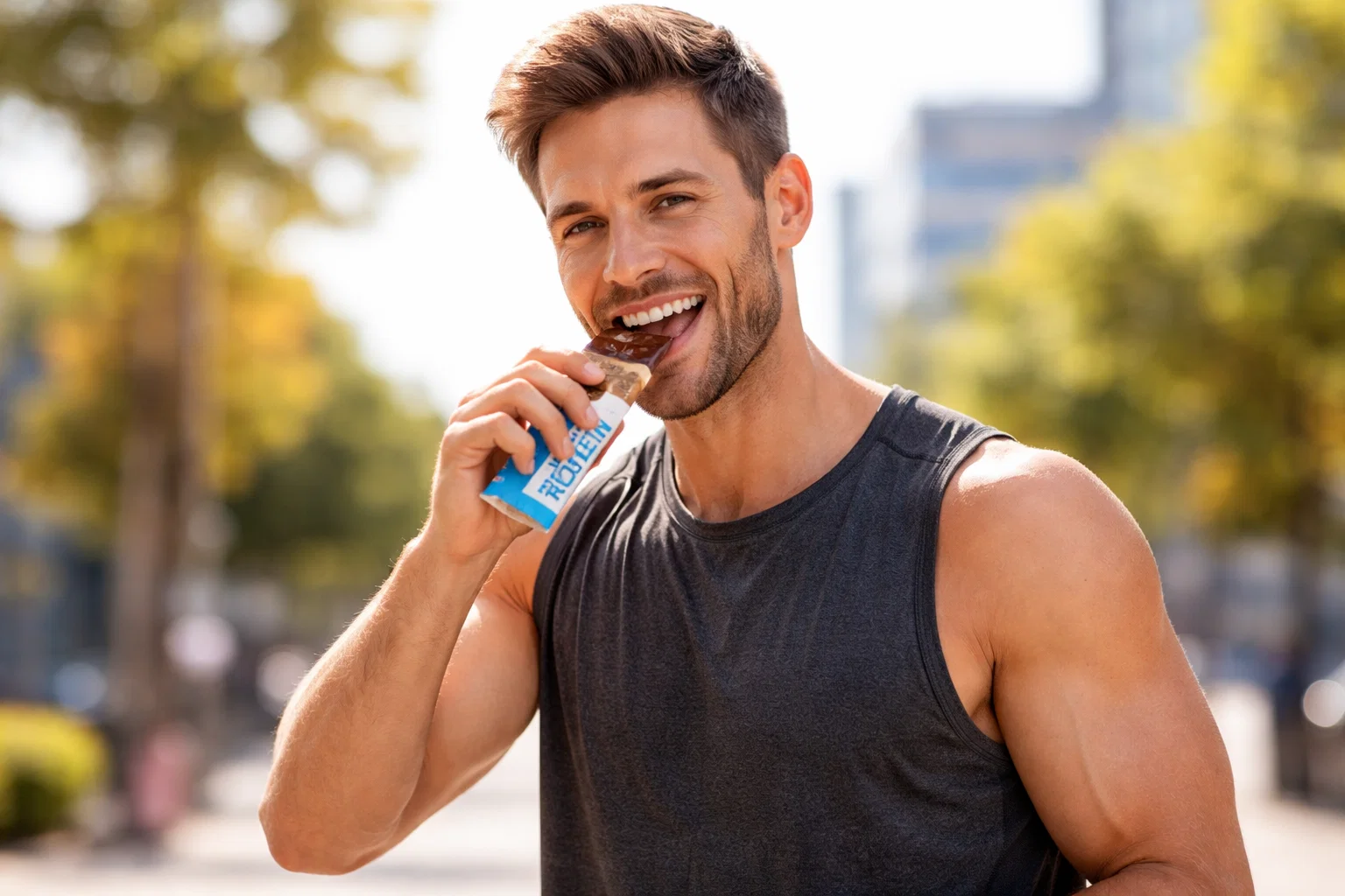 A man eating a protein bar for muscle gain