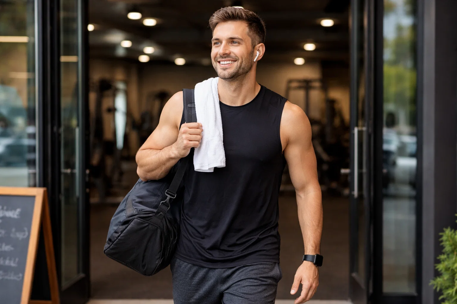 A man smiling whilst walking out of a gym