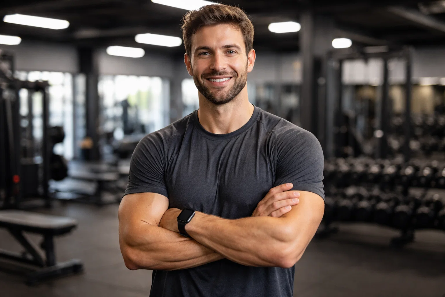 A man posing with his arms crossed in the gym